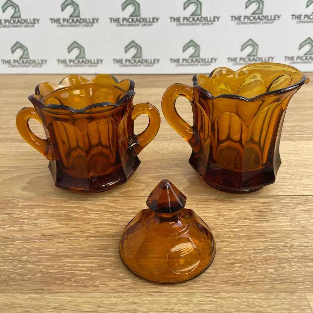Vintage Amber Glass Cream and Sugar Set Paneled Scalloped MCM Retro Orange Glass